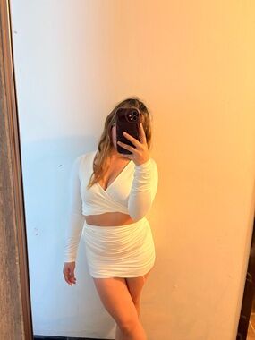 Women's Cream Long-Sleeve Wrap Crop Top & Ruched Mini Skirt Set